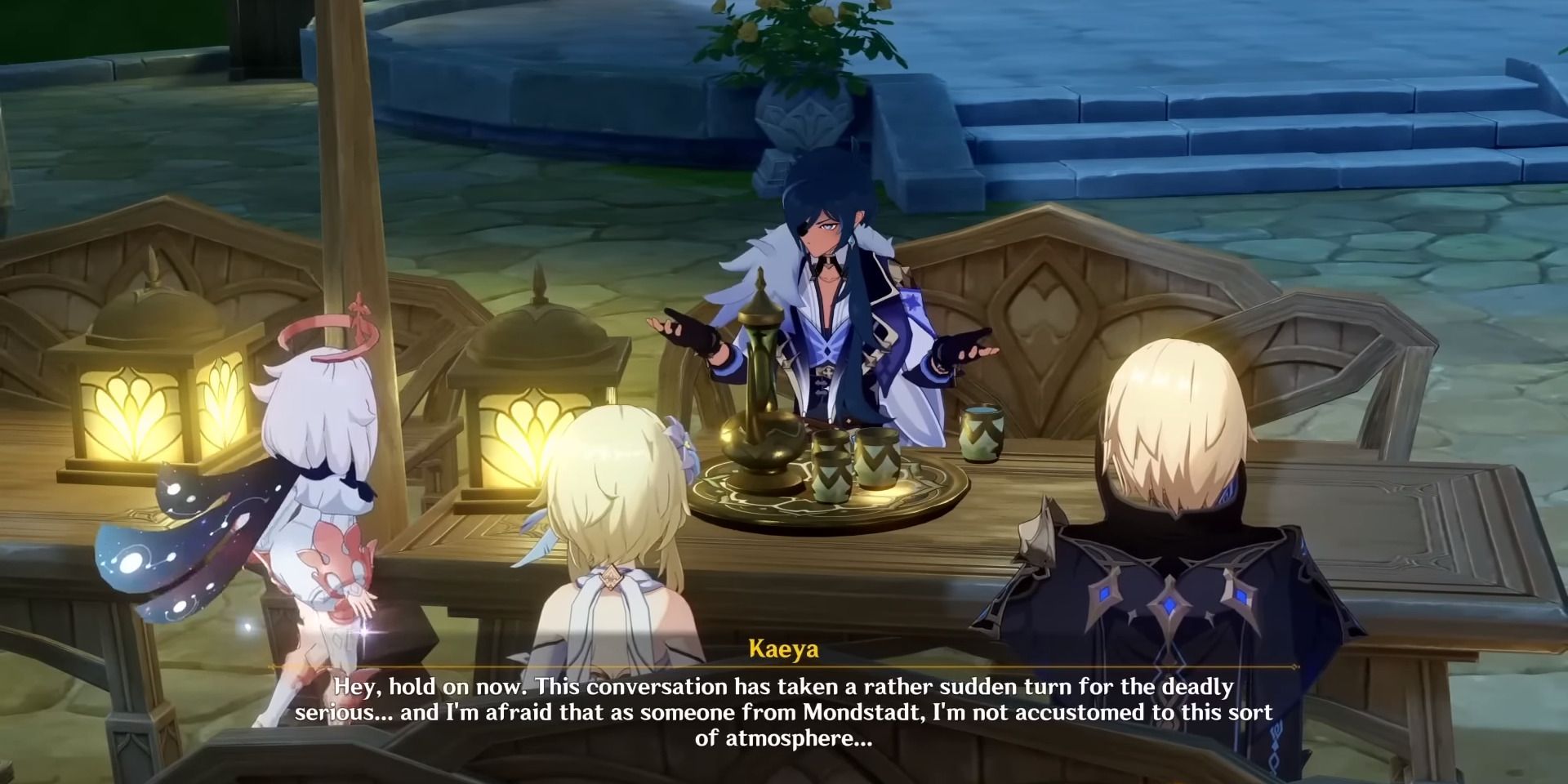 Imagem de Kaeya, Dainsleif, o Viajante e Paimon em uma cutscene em Genshin Impact.