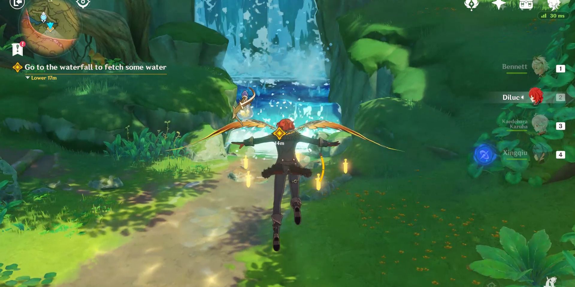 Imagem da cachoeira na missão Caribert em Genshin Impact.