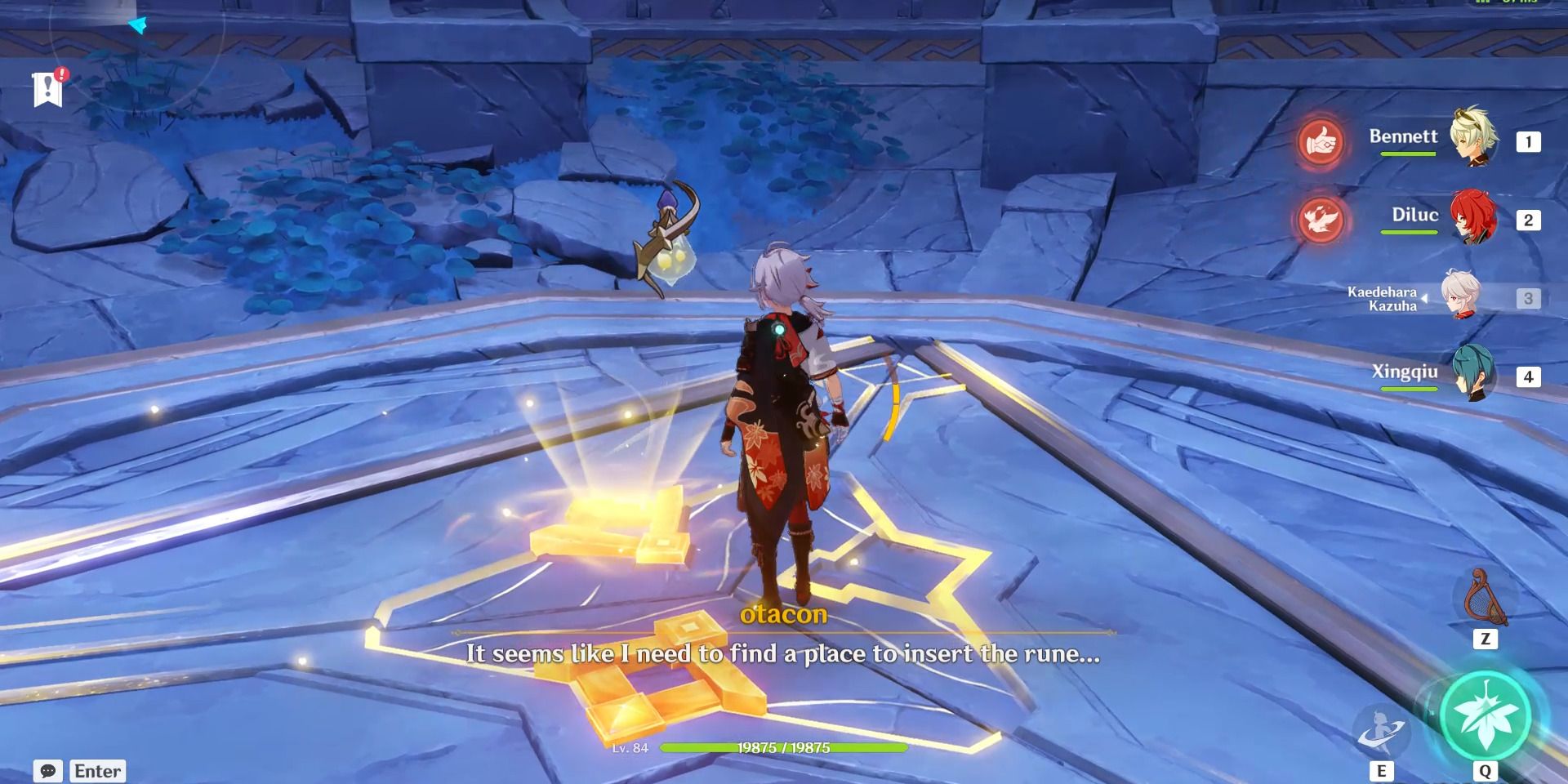 Imagem das peças douradas sendo colocadas no meio da sala no Santuário Desconhecido em Genshin Impact.