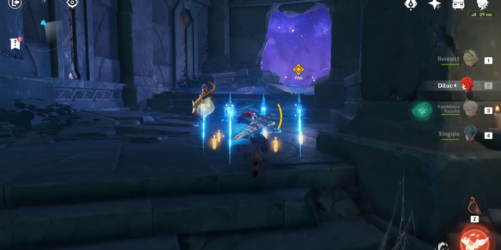 Imagem da entrada roxa no santuário desconhecido em Genshin Impact.