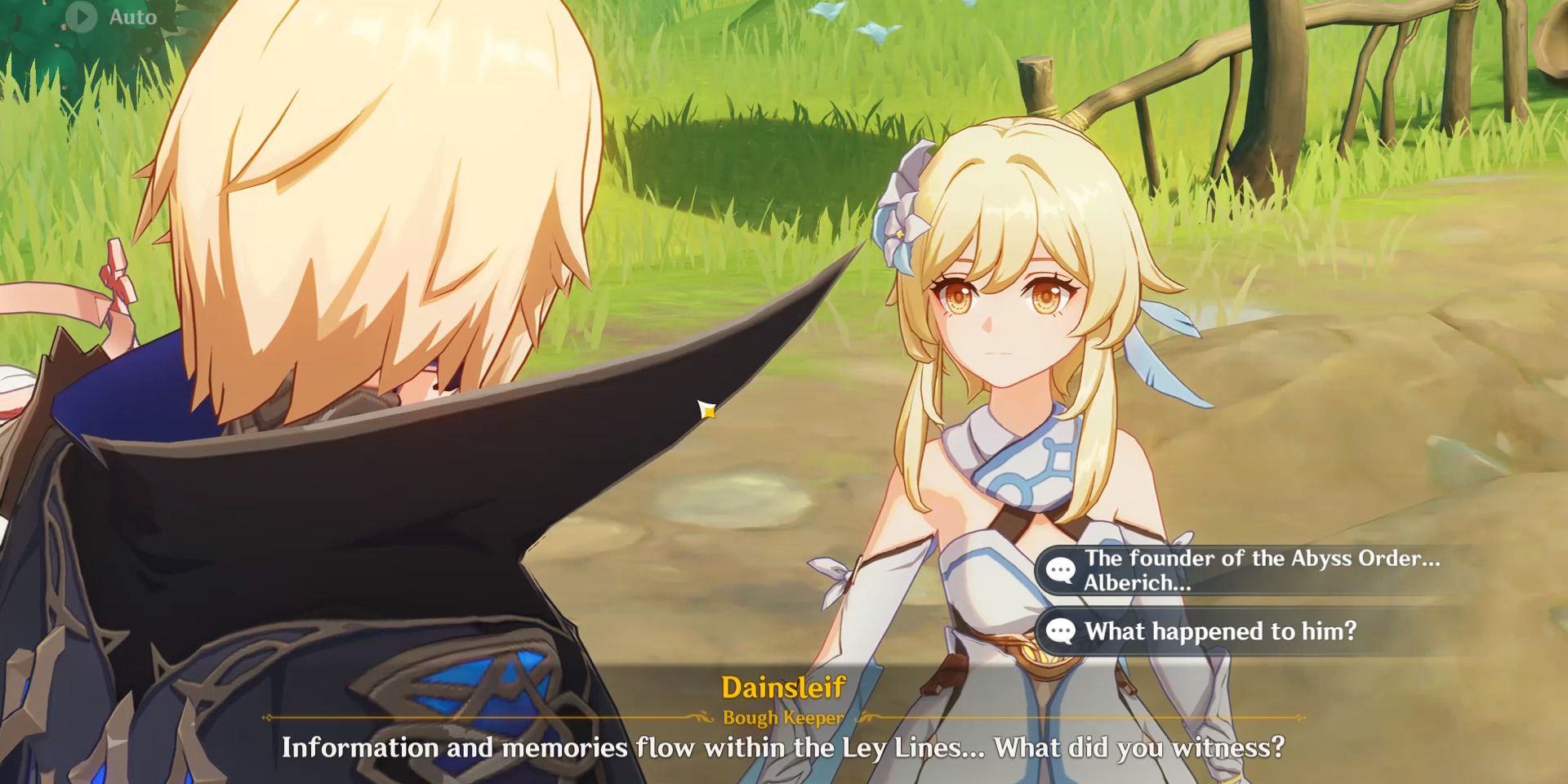 Imagem de uma cutscene entre o viajante e Dainsleif em Genshin Impact.