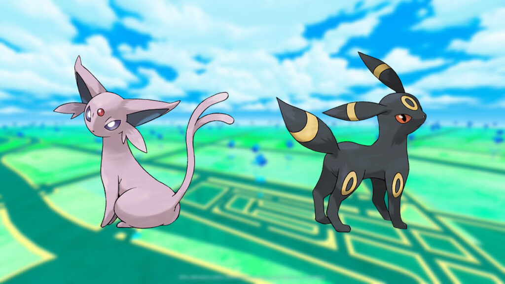 Espeon e Umbreon em um fundo de Pokémon Go