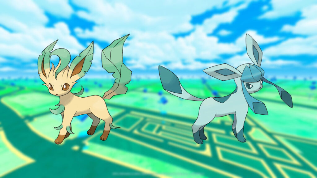 Leafeon e Glaceon em um fundo de Pokémon Go