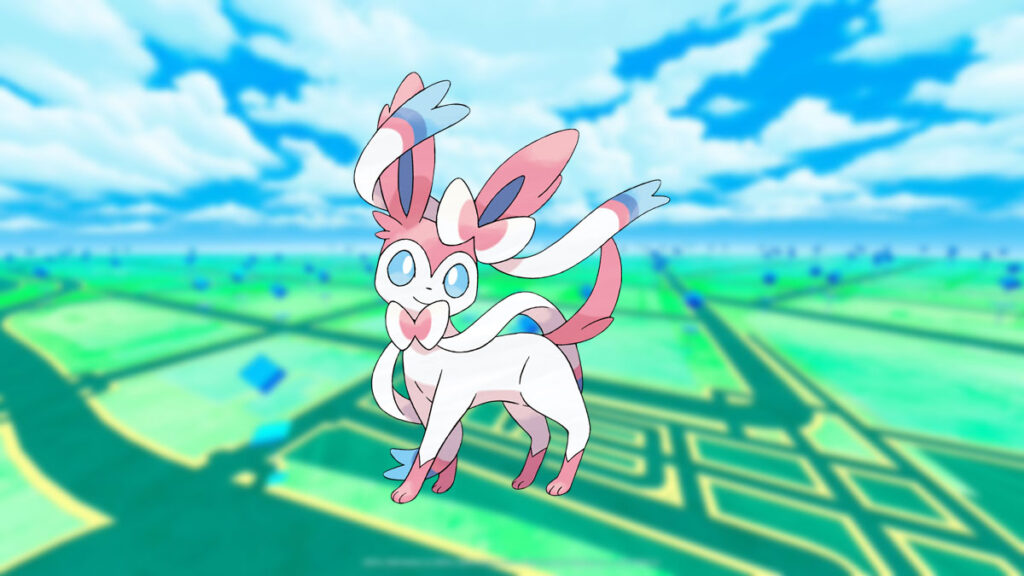 Sylveon em um fundo de Pokémon Go