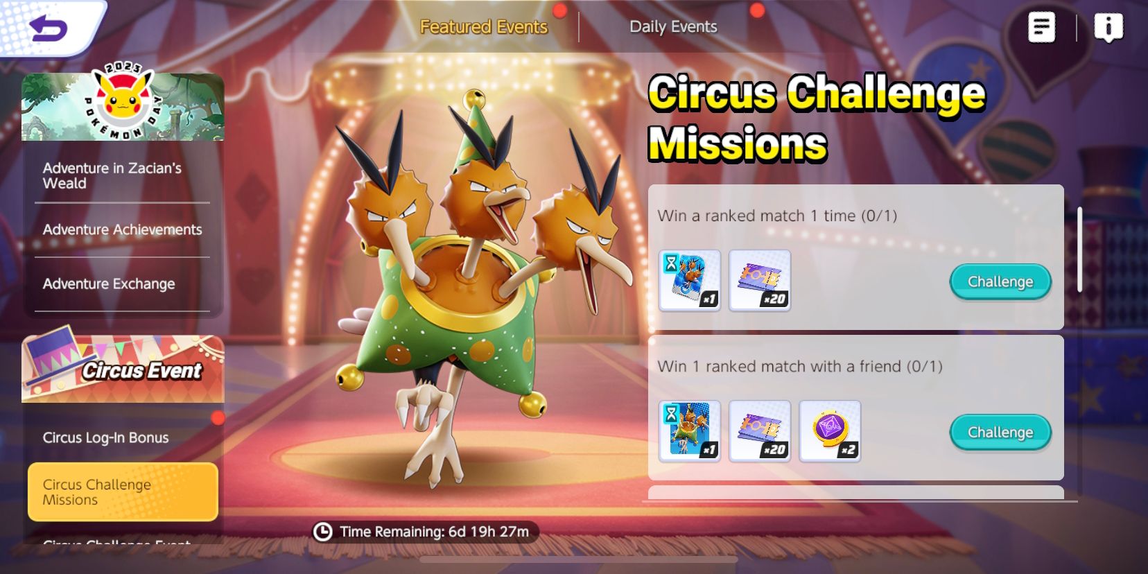 Tela Circus Challenge Missions do Pokemon Unite, mostrando as missões e recompensas do evento
