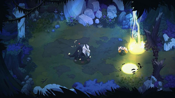 Este Roguelike oferece lutas contra chefes ambientadas no universo de League of Legends. Aqui Sylas está lutando contra uma fera negra.