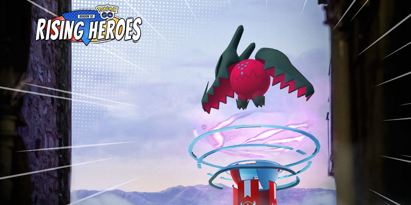 Imagem do Pokémon Regidrago em cima de um Pokémon Go Raid vermelho