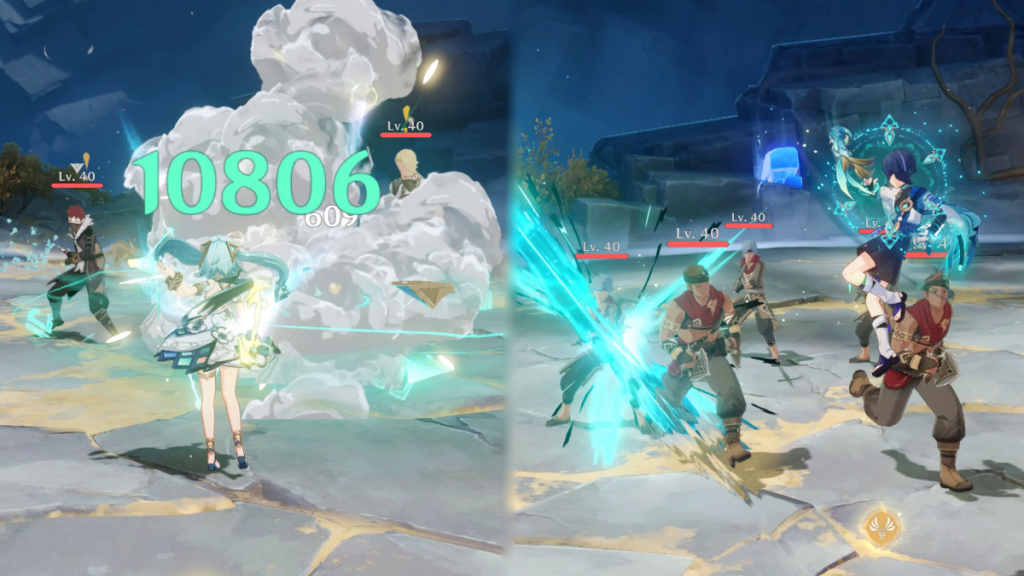 Wanderer e Faruzan lutando em Genshin Impact Vibro-Crystal Verification dia 2