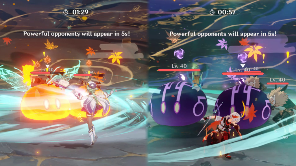 Kazuha e Sacarose Lutando em Genshin Impact Vibro-Crystal Dia 2