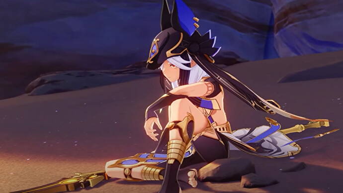 Genshin Impact Cyno build: Um jovem com um chapéu de lobo está sentado em uma pedra