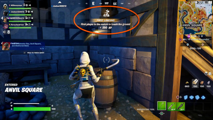 Ganhando um dos Prêmios do Fortnite por ser o primeiro a pousar