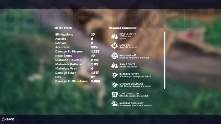 A tela de resumo do Fortnite Accolades no final de uma partida
