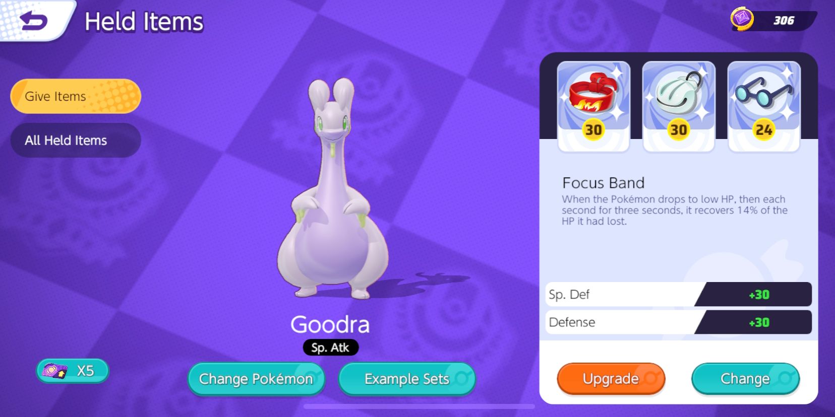 Tela de seleção de Goodra's Held Item, com Focus Band, Shell Bell e Wise Glasses escolhidos