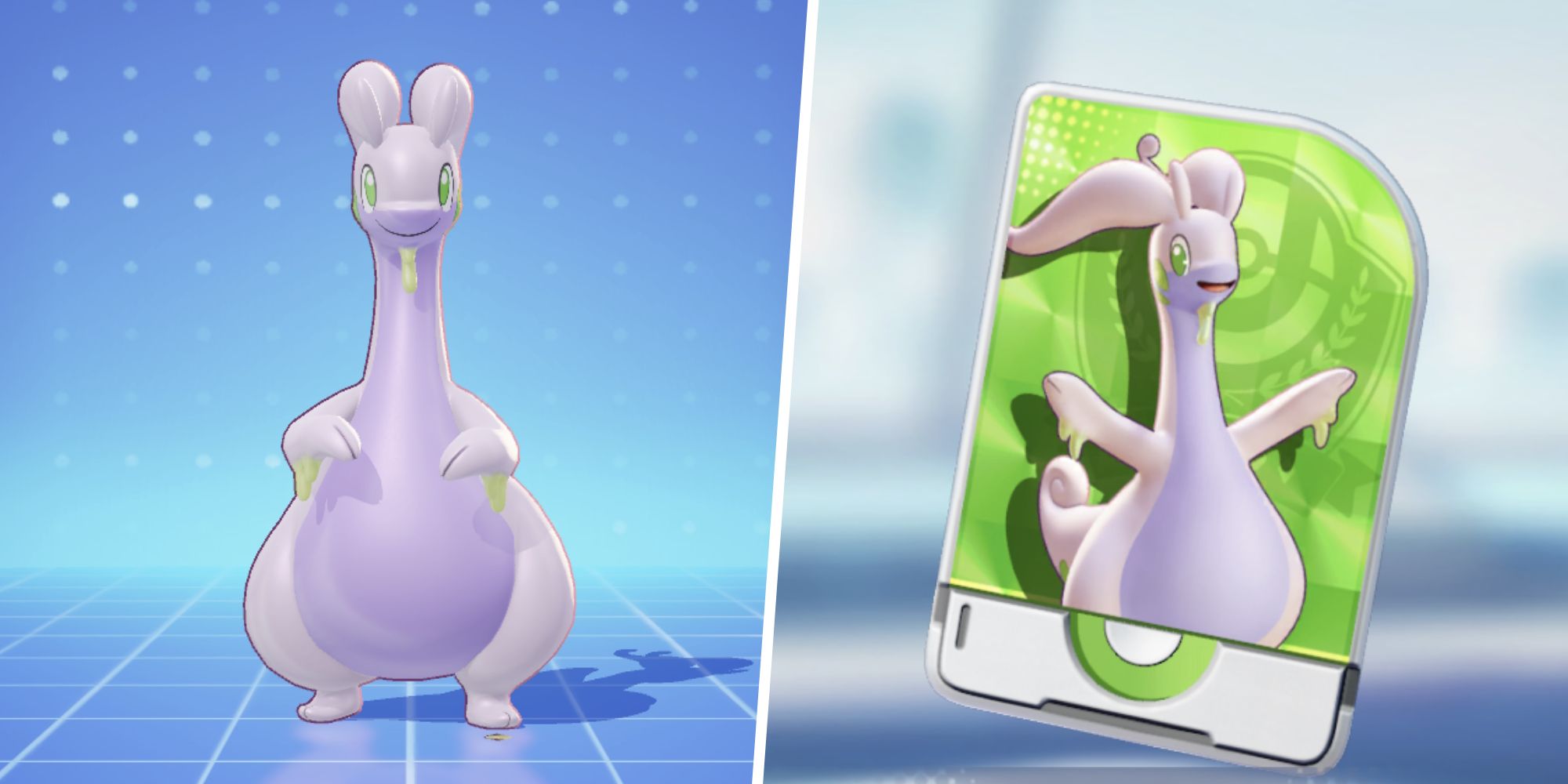 Image of Goodra from Pokemon Unite split with an image of the Goodra Unite License
