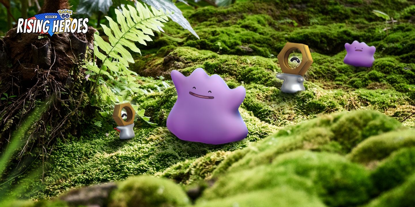Dois Ditto e dois Meltan parados no chão de uma floresta