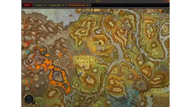 Um mapa mostrando Obsidian Bulwark em Dragon Isles, onde o Blacksmithing Profession Master está localizado