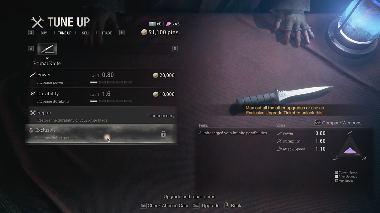 Obtenha o benefício exclusivo da Primal Knife para que você possa ter uma arma corpo a corpo que nunca quebrará.