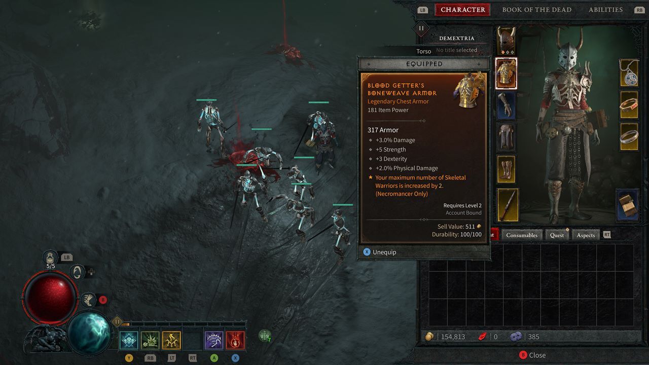 Esteja atento a itens lendários que afetam seus asseclas. Por exemplo, a Boneweave Armor do Blood Getter aumenta o número de Skeletal Warriors em mais dois mortos-vivos.
