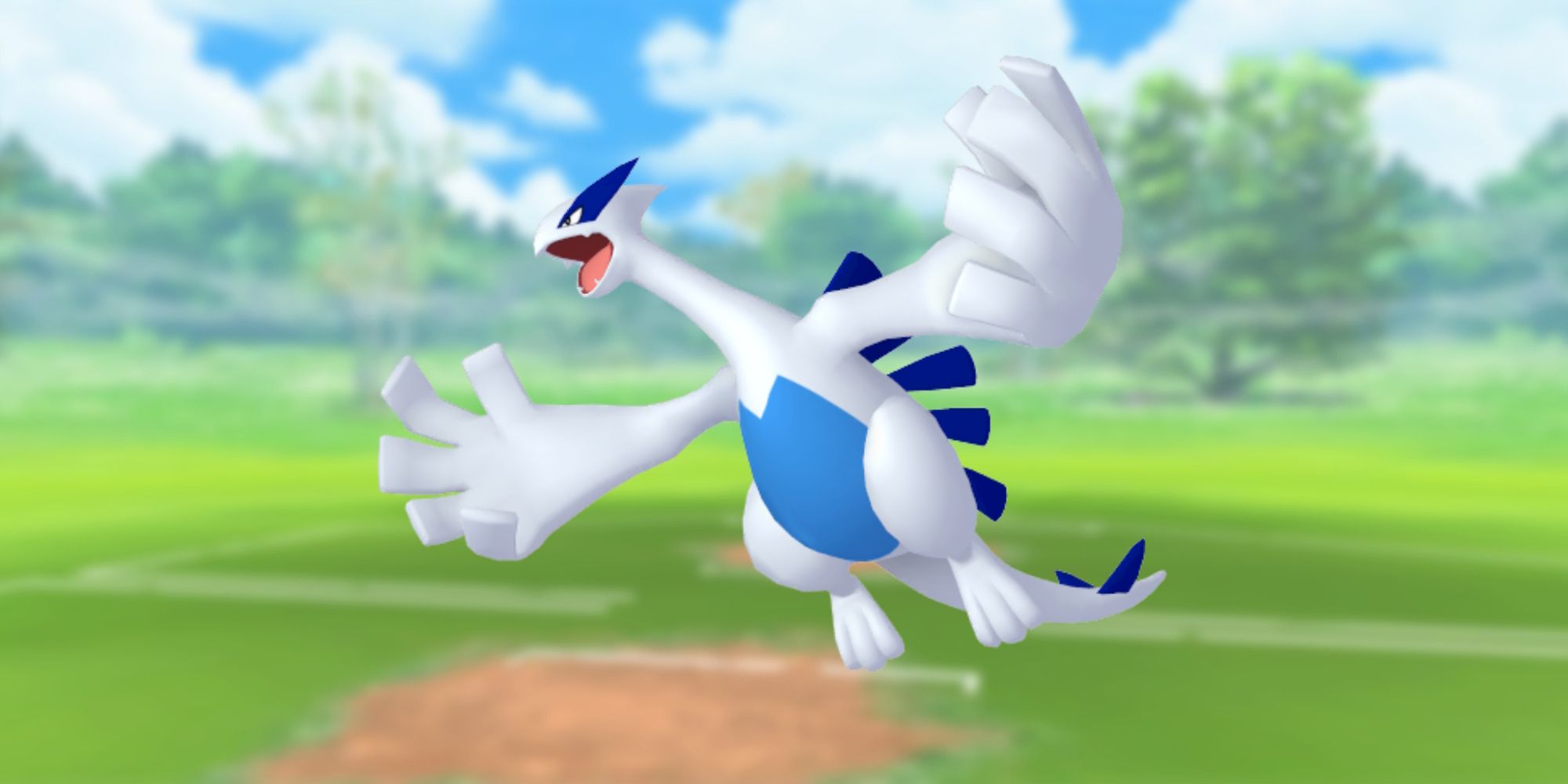 Lugia de Pokémon com o campo de batalha Pokémon Go como pano de fundo