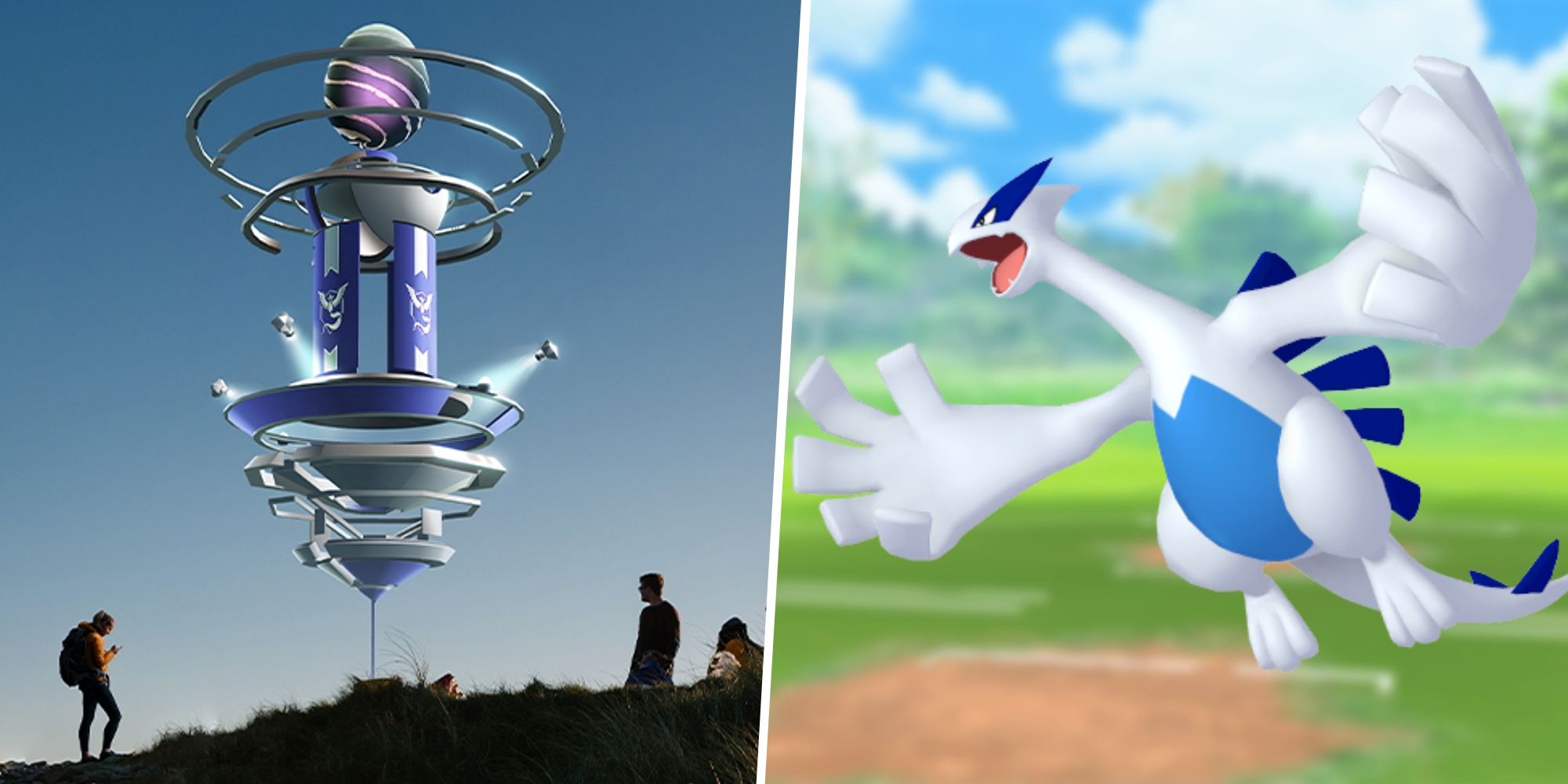 Image of people around a Pokemon Go Raid split with an image of Lugia from Pokemon