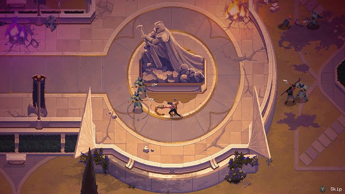 Aqui vemos Sylas novamente em perspectiva isométrica, enquanto ele luta com suas correntes diretamente contra dois guardas armados com lanças.