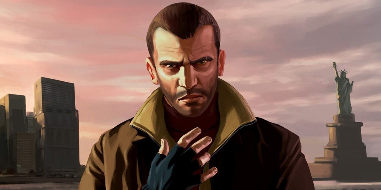 Niko Bellic olha para a tela em frente à paisagem urbana.