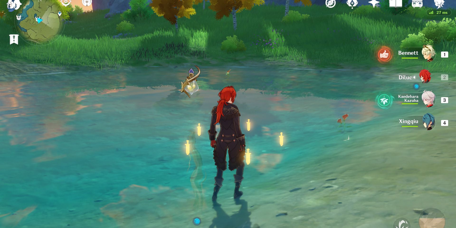 Imagem de alguns Snapdragons em um lago perto das Montanhas Stormbearer em Genshin Impact.