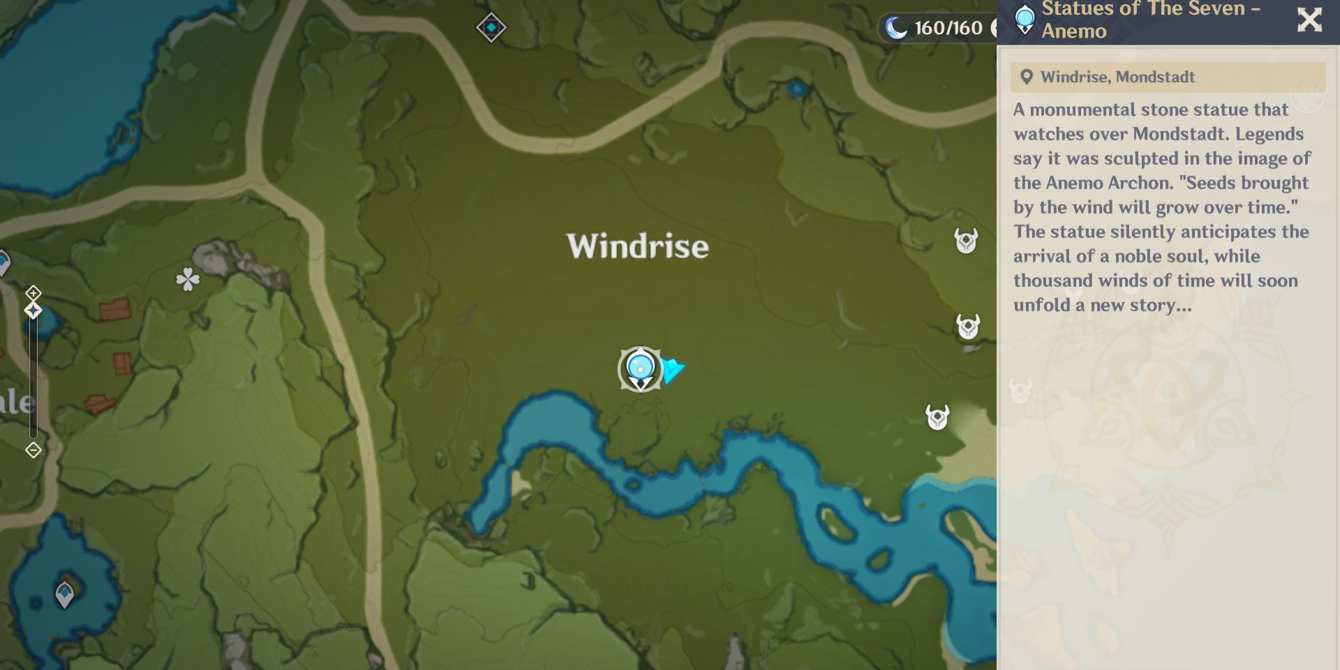 Imagem do local no mapa onde você pode encontrar alguns Mint perto de Windrise em Genshin Impact.