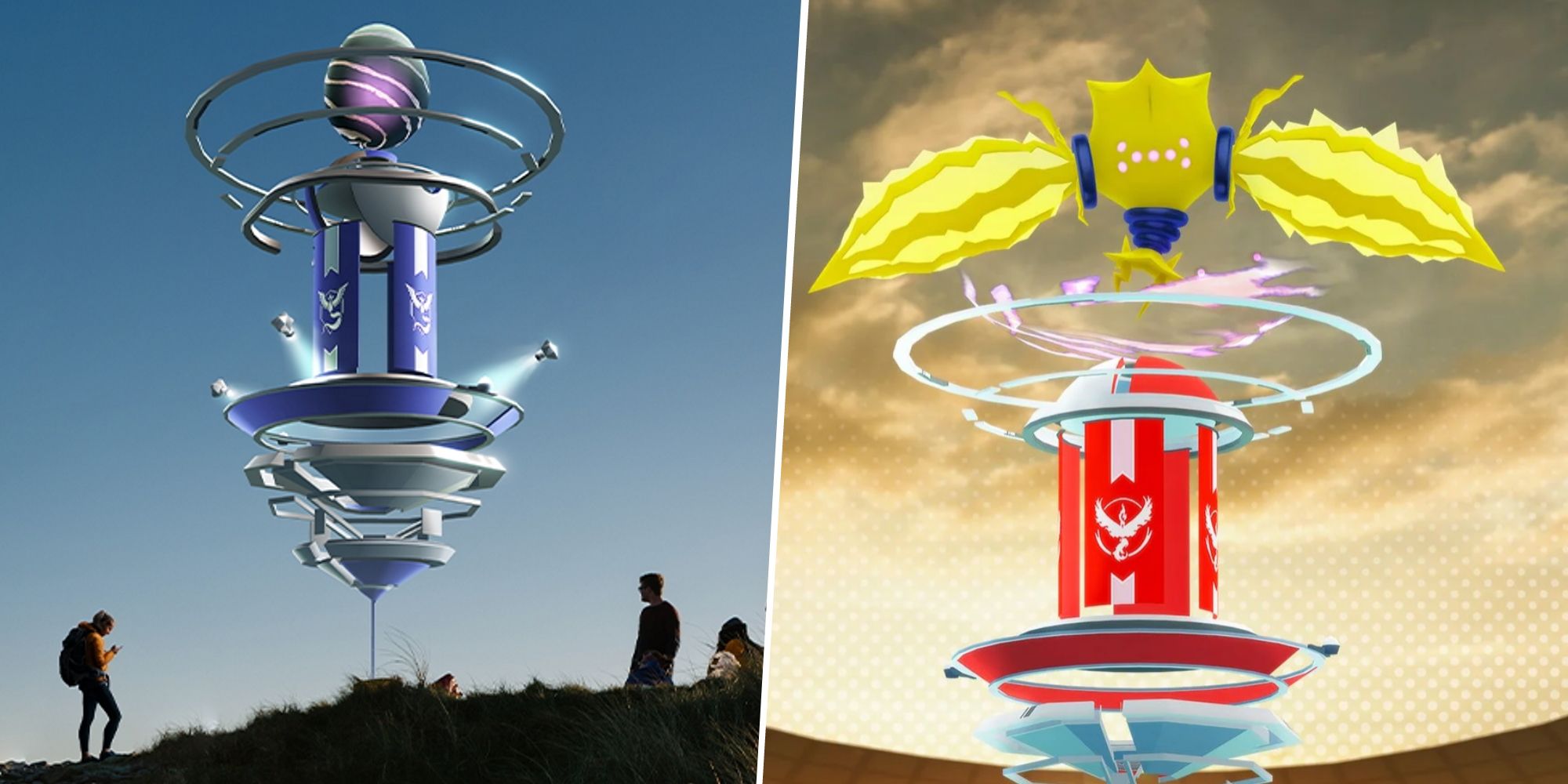 Image of people around a Pokemon Go Raid split with an image of Regieleki on top of a Pokemon Go Gym