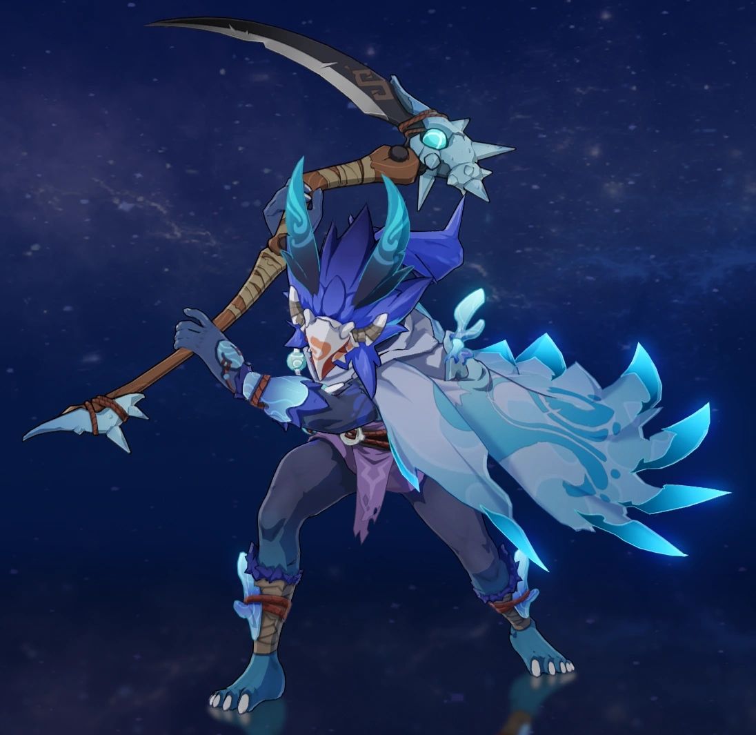 Um Hydro Hilichurl Rogue empunha uma grande foice com as duas mãos.  Tem roupas azuis que combinam com o elemento que ela possui.  Ele fica entre um fundo azul escuro e estrelado.
