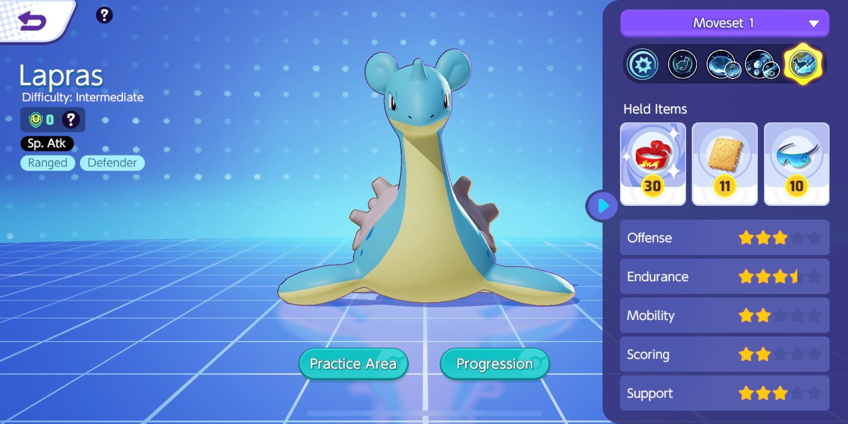 Lapras da tela de seleção do Pokemon Unite, mostrando as estatísticas de Lapras e os itens retidos