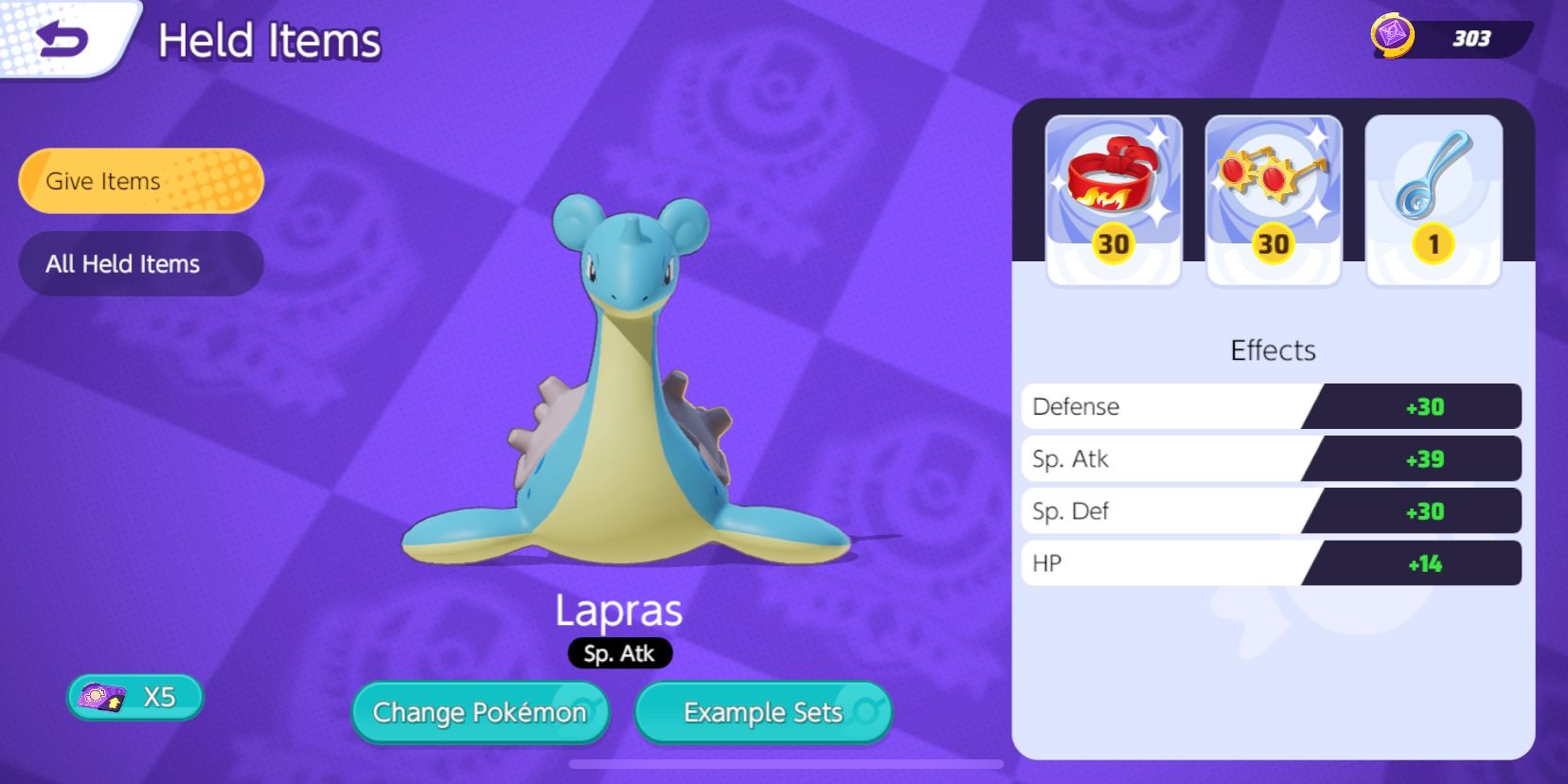 Tela de seleção de Held Item de Lapras, com Focus Band, Choice Specs e Slick Spoon escolhidos no Pokemon Unite.