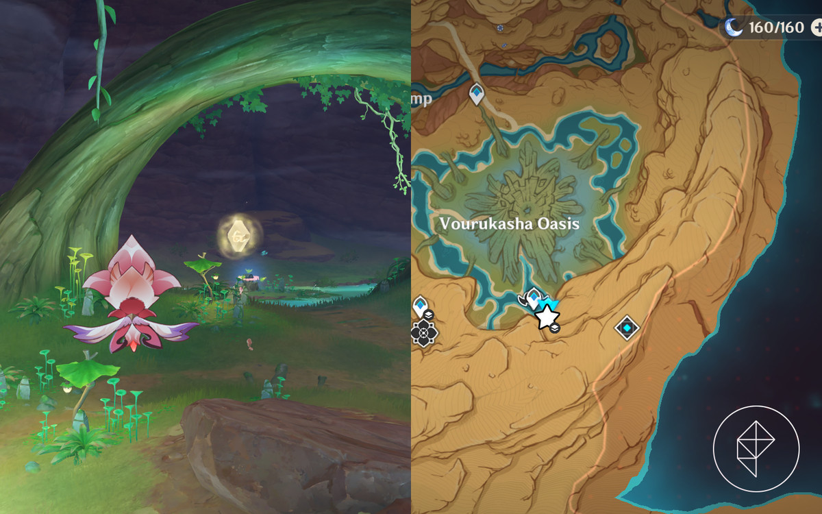 Sorush parado na frente de um Fragmento de Monumento Perdido como parte da missão mundial do Estudo Monumental no patch 3.6 do Genshin Impact