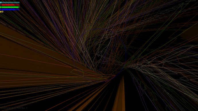 Uma captura de tela de Relative Hell, um jogo de tiro arcade que usa geometria complexa.