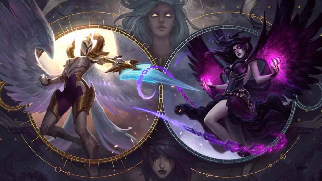 Kayle e Morgana no papel de parede oficial de League of Legends