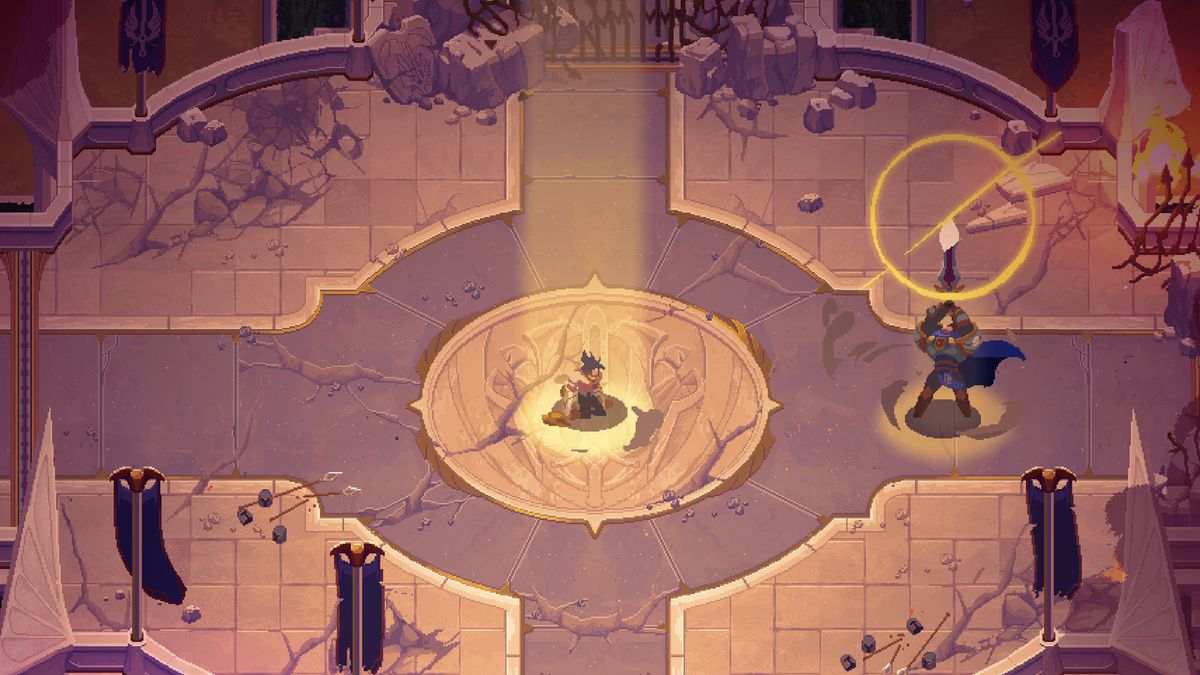The Mageseeker: A League of Legends Story - Garen, um exemplar de Demacia, está prestes a lançar uma enorme espada sobre seu inimigo, Sylas, no meio de uma quadra circular.