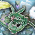 Rayquaza, Regieleki, and Altaria float above the Theia Sky Ruins.