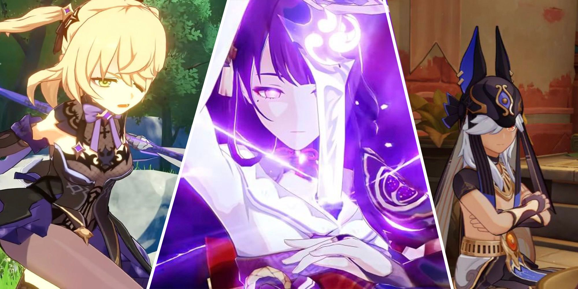 Collage of fischl, raiden shogun and cyno in Genshin Impact