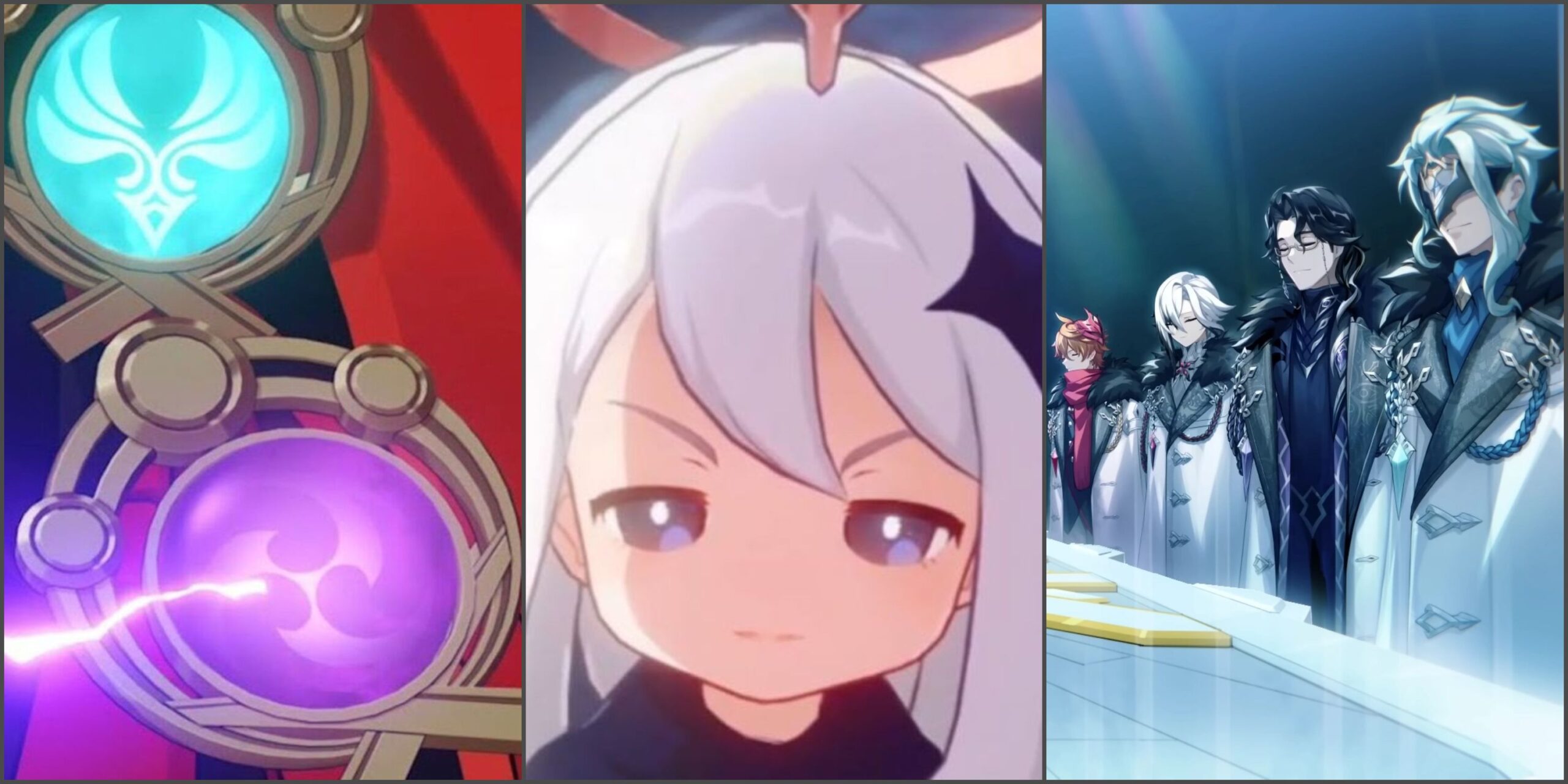 Genshin Impact: anemo and electro vision, Paimon looking annoyed, and four of the Fatui Harbingers.