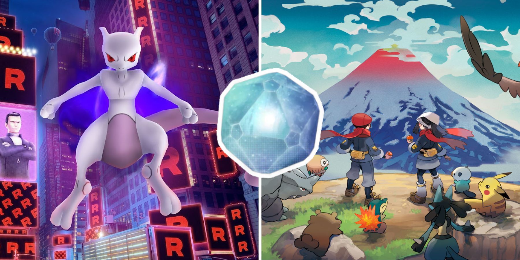 Pokemon Go and Legends Arceus in the background of purification gem