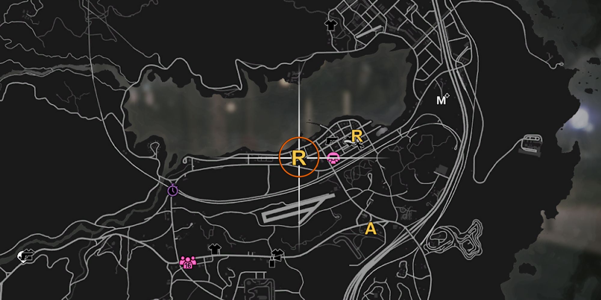 A imagem mostra o mapa do Grand Theft Auto Online com o 'R' amarelo em Sandy Shores, indicando a localização de Ron.
