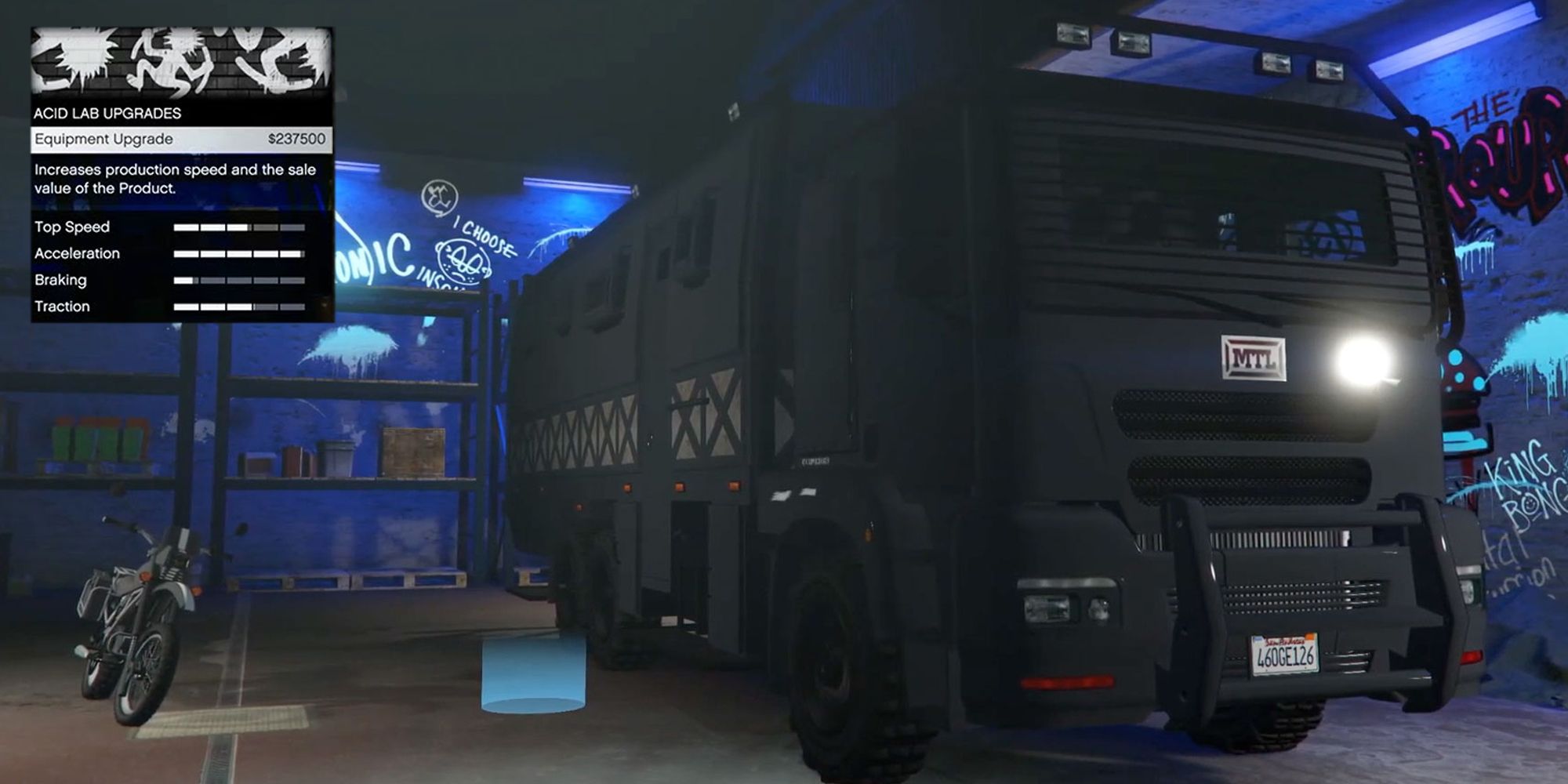 A imagem mostra o caminhão do Acid Lab na Freakshop em Grand Theft Auto Online, com a caixa de opção Equipment Upgrade no lado esquerdo.
