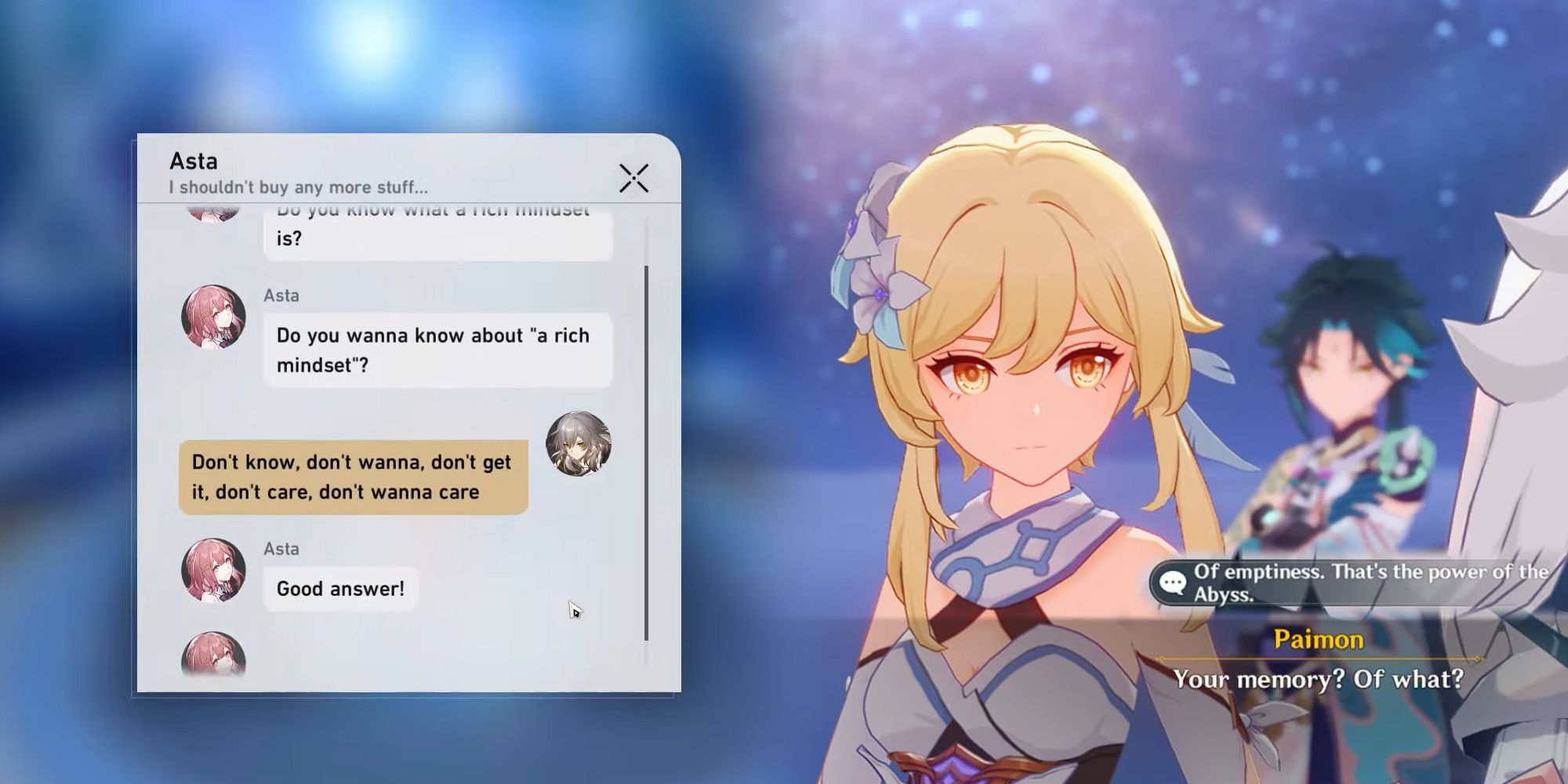 Honkai Star Rail e Genshin Impact - Trailblazer engraçado em texto enquanto viajante diz algo que um garoto gótico em uma sitcom diria