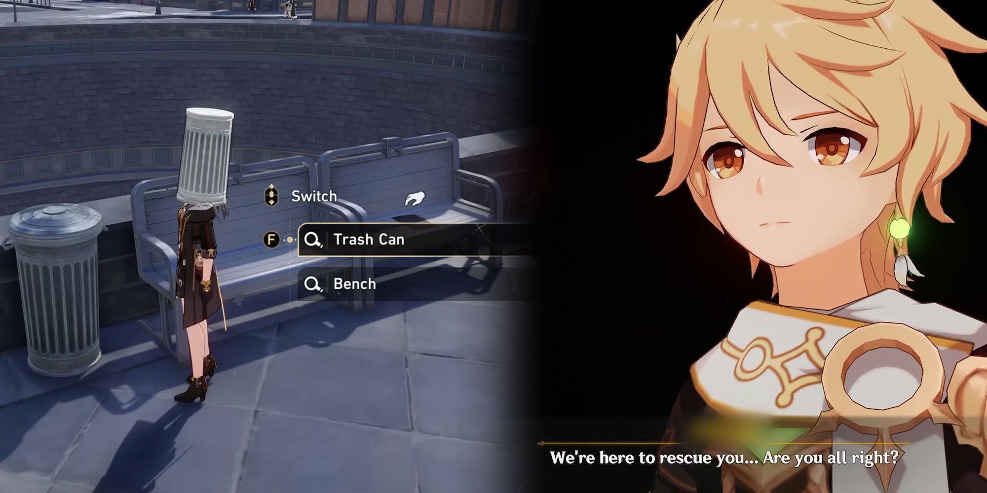 Honkai Star Rail e Genshin Impact - Trailblazer com uma lata de lixo na cabeça enquanto o viajante está dizendo as mesmas velhas frases clichês