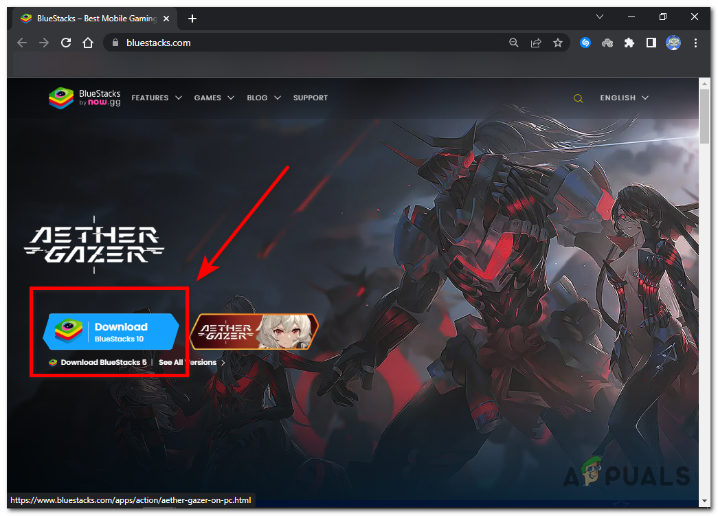 Pressione o botão Baixar BlueStacks 10 e o iniciador começará a baixar.
