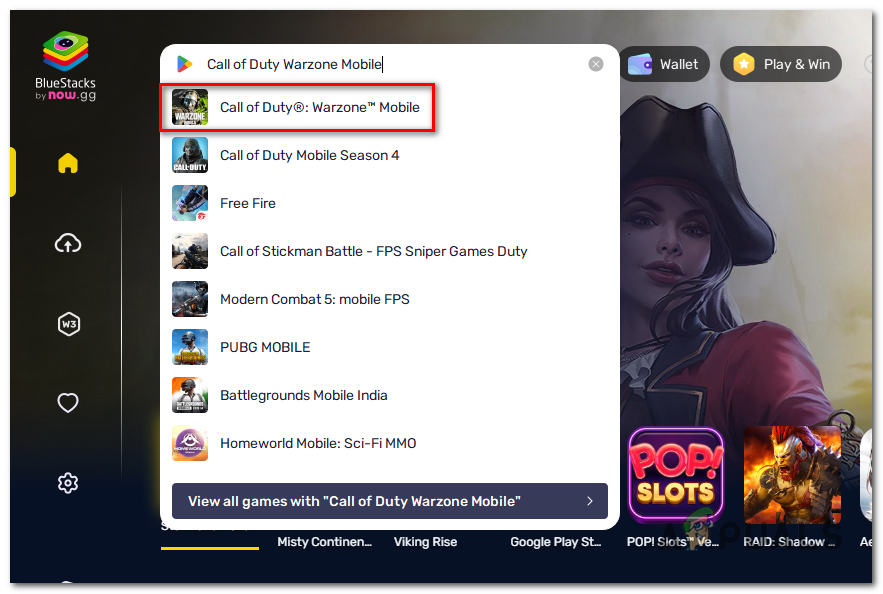 Pressione a opção de pesquisa, digite "Call of Duty Warzone móvel" e abra o pop-up correspondente.