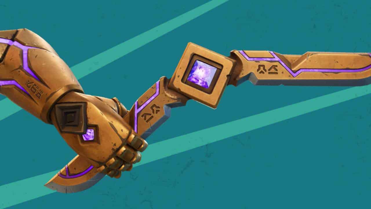 Armas Fortnite: O Kinetic Boomerang em um fundo verde.