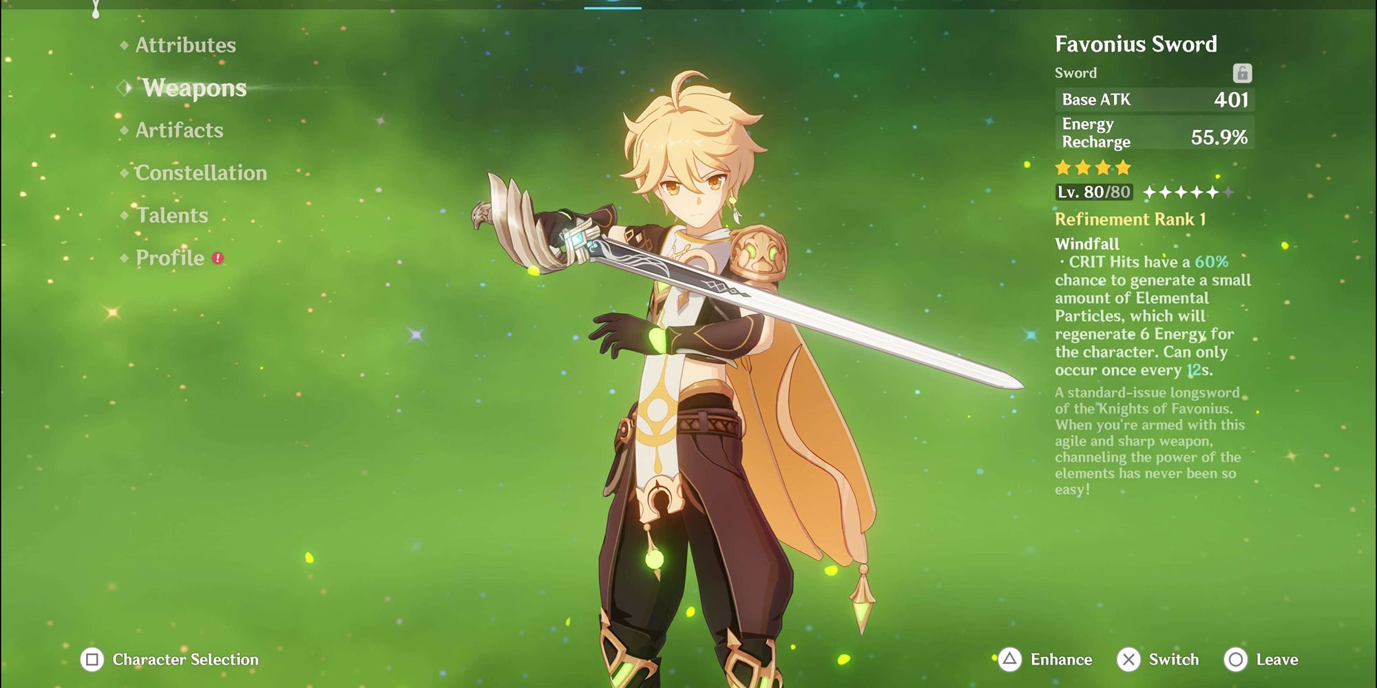 Genshin Impact Dendro Traveler segurando Favonius Sword na tela do menu