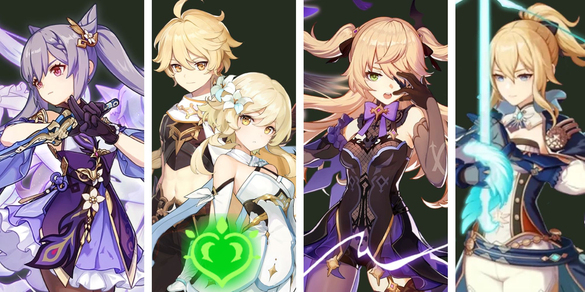 Genshin Impact imagem dividida personagem segurando a lâmina, Viajantes, personagem segurando a mão antes do rosto e personagem segurando a lâmina no alto