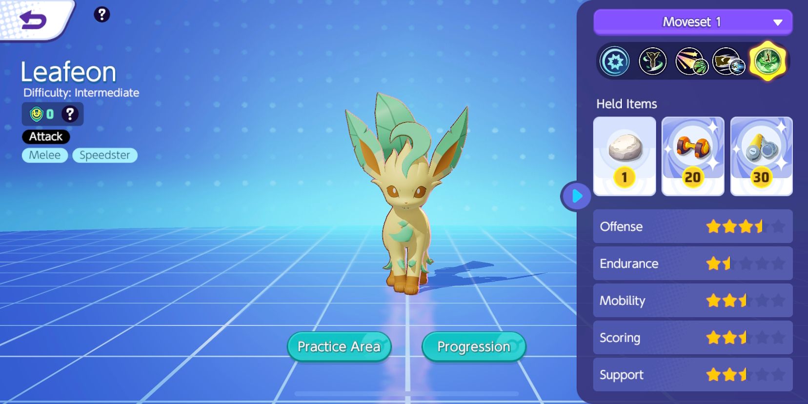 Leafeon de Pokemon Unite com suas estatísticas e itens retidos mostrados